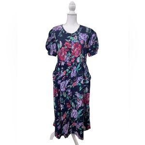 Vintage Erika Taylor Sport 90s Floral Cotton Dress with Bow Pockets - Size L